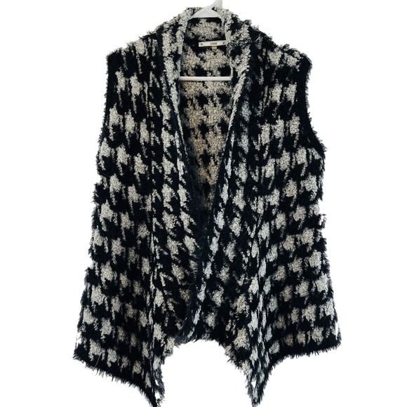 Womens S/M Sioni Houndstooth Sweater‎ Vest Black White Eyelash Fringe Open Front - Picture 1 of 7